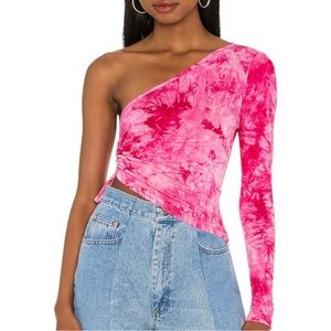 Superdown Pink Ember One Shoulder Tie Dye Marble Long Sleeved Top